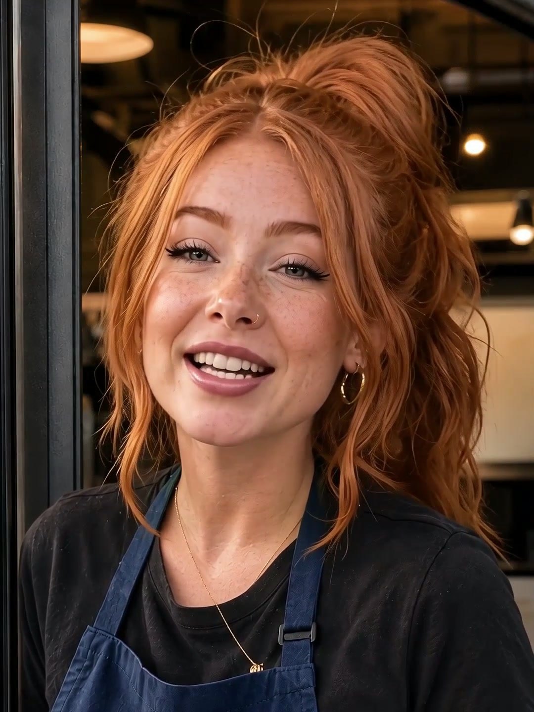 A friendly red-haired barista in a dark apron smiles behind a café counter.